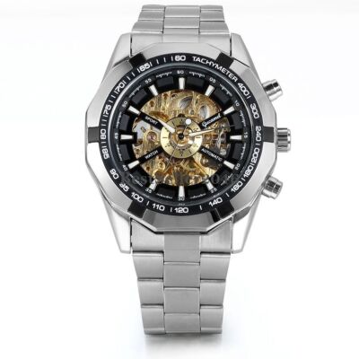 Men Luxury Stainless Steel Skeleton Dial Mechanical Automatic Analog Wrist Watch