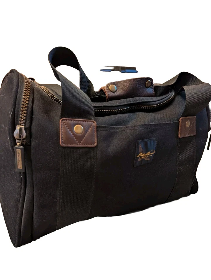 [VINTAGE] Eddie Bauer Black Canvas Brown Leather Duffle Bag Travel Carry On - Image 4 of 4