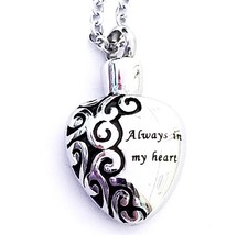 Silver Tone Urn Cremation Memorial Necklace "Always in my Heart"