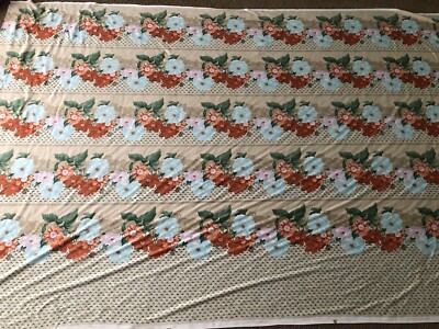 Vtg Rose Flower Fabric 94 X 60  Orange Blue Purple W Tiny Tulips Light Weight