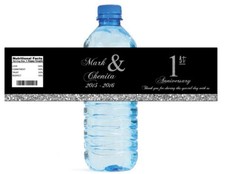 100 Black and Silver Glitter 1st Birthday Water bottle labels Easy to use