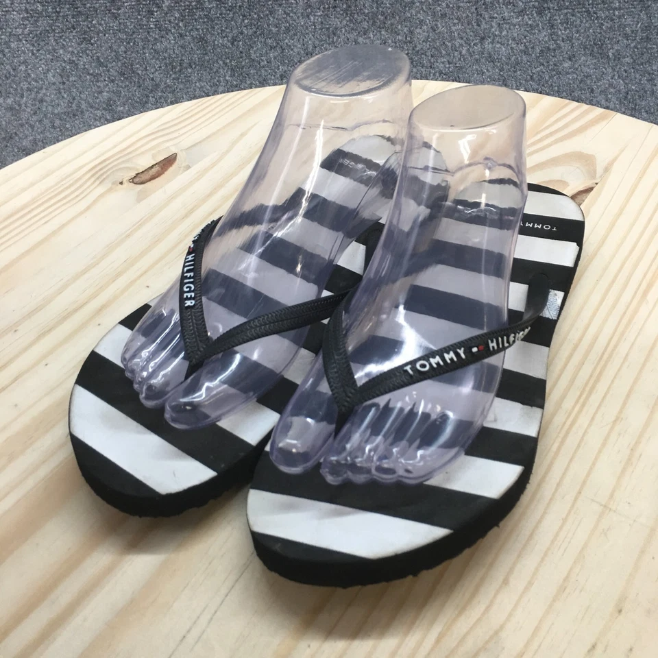 Sandalias Tommy Hilfiger para mujer 9-10 chanclas planas playa rayas negras blancas Foto 3 de 4