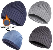 Mens Winter Hat Warm Strechable Soft Velvet Lined Beanie Cozy Knitted Woolly Cap
