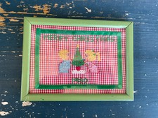 Vintage Framed Needlepoint Christmas Girl And Boy At Tree 1980