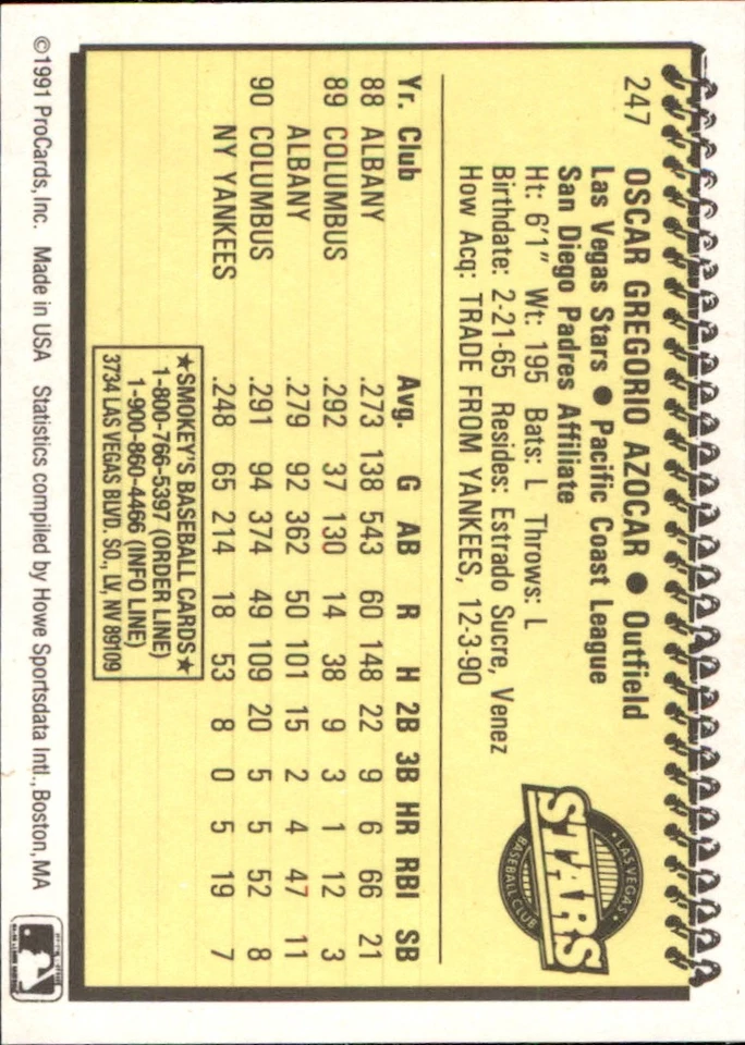 Oscar Azocar 1991 ProCards #247 RC Las Vegas Stars *AutographDen* - Image 2 of 2