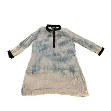 Citron Collection Silk Tunic Top Blue Grey Black Womens Large Watercolor Collar