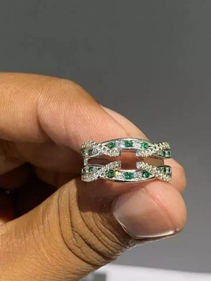 2 Ct Round Cut Simulated Emerald Enhancer Guard Wrap Ring 14k White Gold Plated