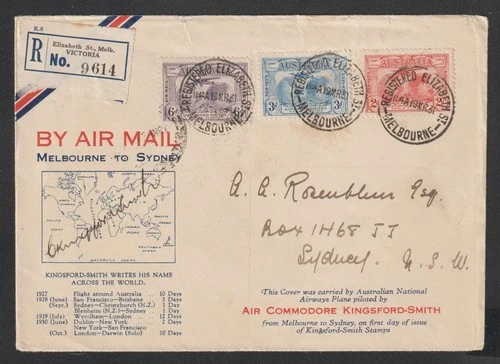 Australia 1931 Registered FDC Flight Cover Kingsford Smith Pilot Signed Melb Syd