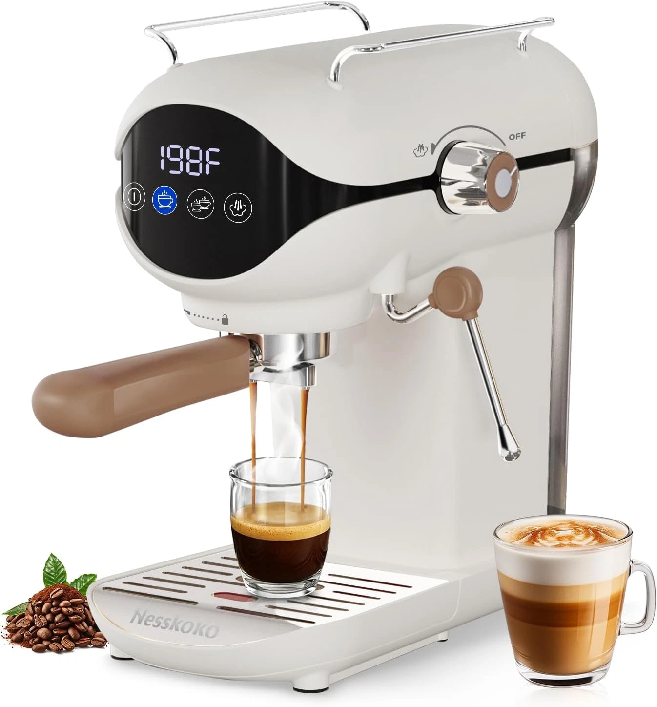 Touchscreen 20 Bar Espresso Machine with Milk Frother - Compact White Design