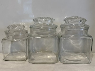 Vintage Set of 3 Clear Glass Apothecary Jars Canisters W/ Lids Farm/Country Deco
