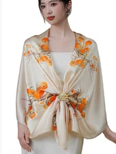 100% Silk mulberry Scarf Women neckerchief Shawl Wrap floral beige yellow HD1-80