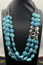 Multi Strand Turquoise Blue Dyed Howlite Bead Necklace Silver Tone Statement