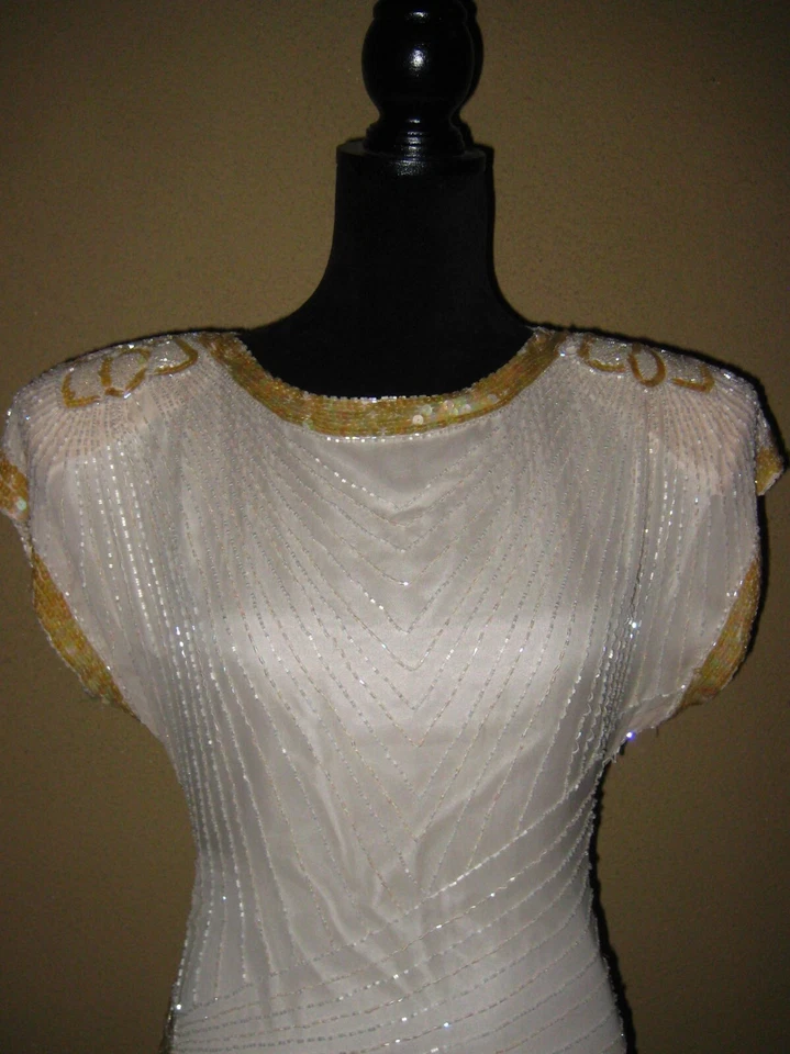 Vestido de noche Oleg Cassini rubor seda cuentas/lentejuelas acolchado manga gorra forrado 10 Foto 2 de 4