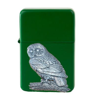 #ad B3 Tawny Owl Pewter design on a GREEN flip top petrol lighter windproof GBP 14.95
