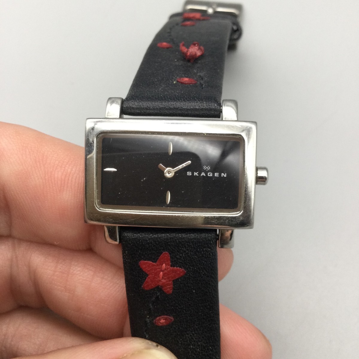 Skagen Watch Women 27mm Silver Tone Black Red Leather Band  display picture 3