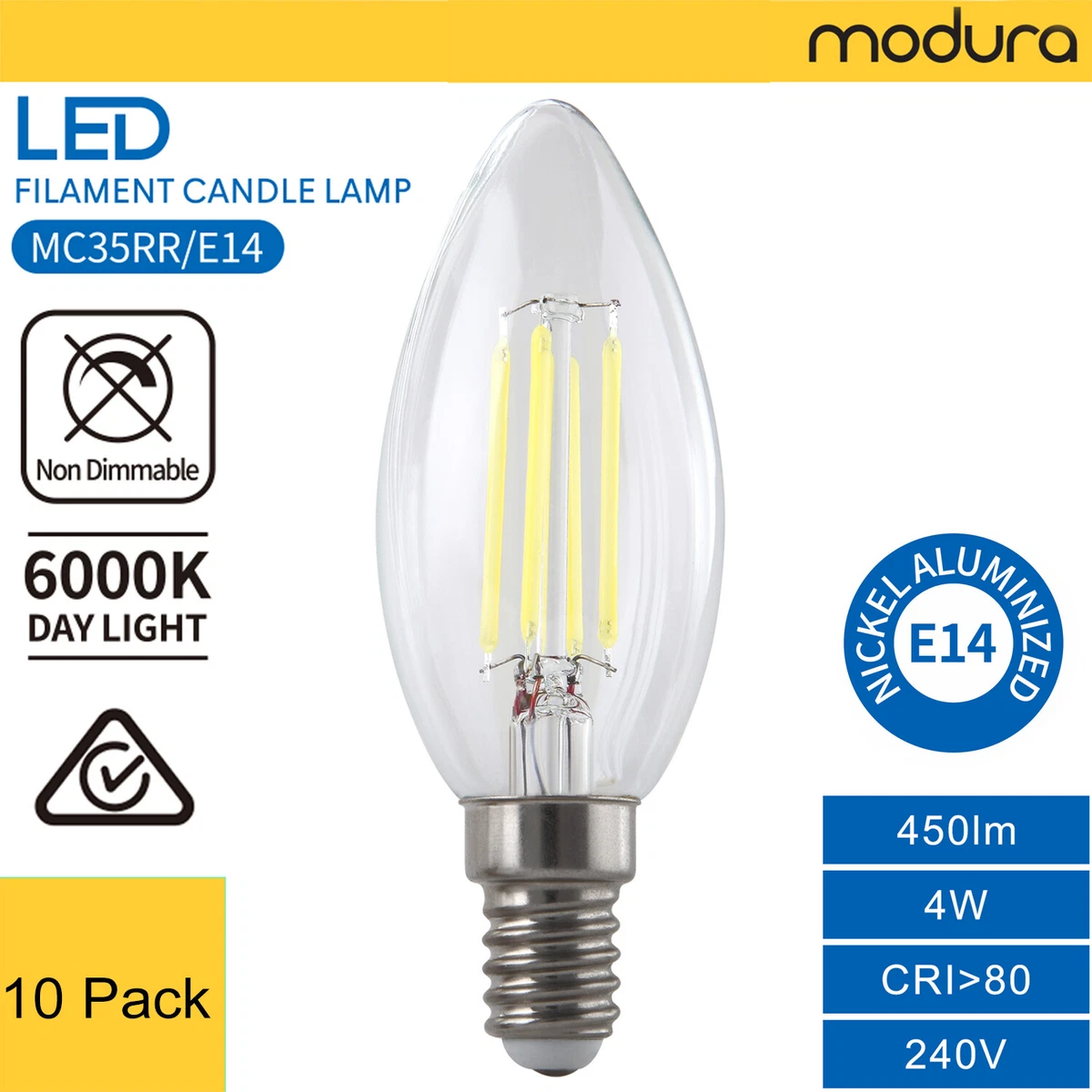 10 x LED Filament Candle Lamp E14 4W 6000k Day Light 450 Lumens Glass Bulb 360
