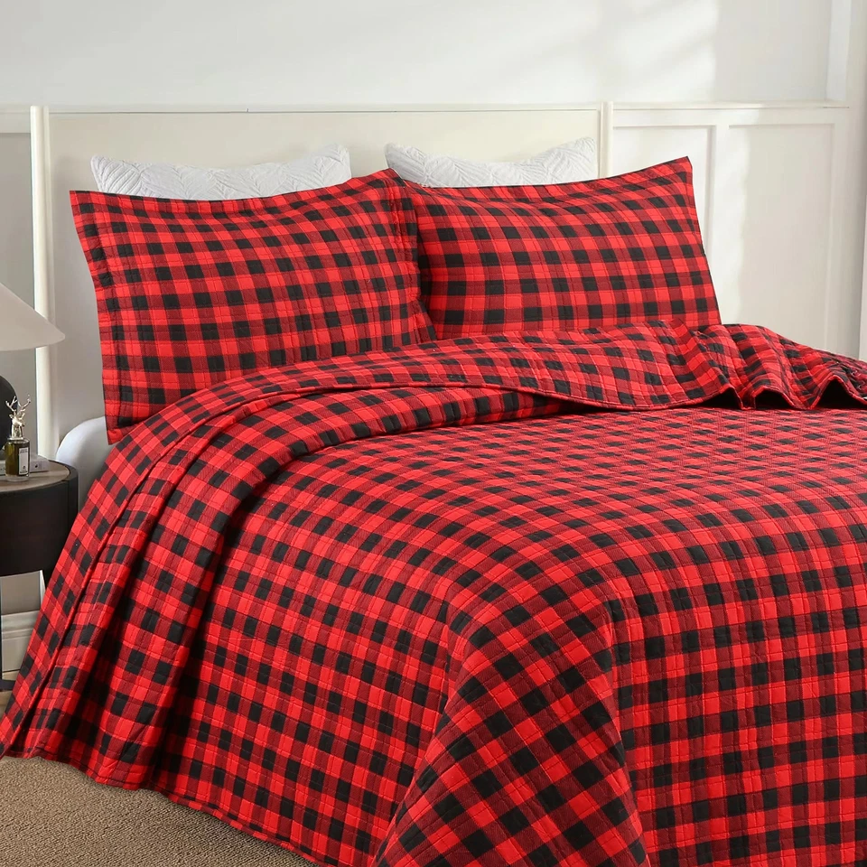 Conjunto de colcha xadrez festivo Buffalo – 3 peças roupa de cama de Natal Gingham - Imagem 2 de 4