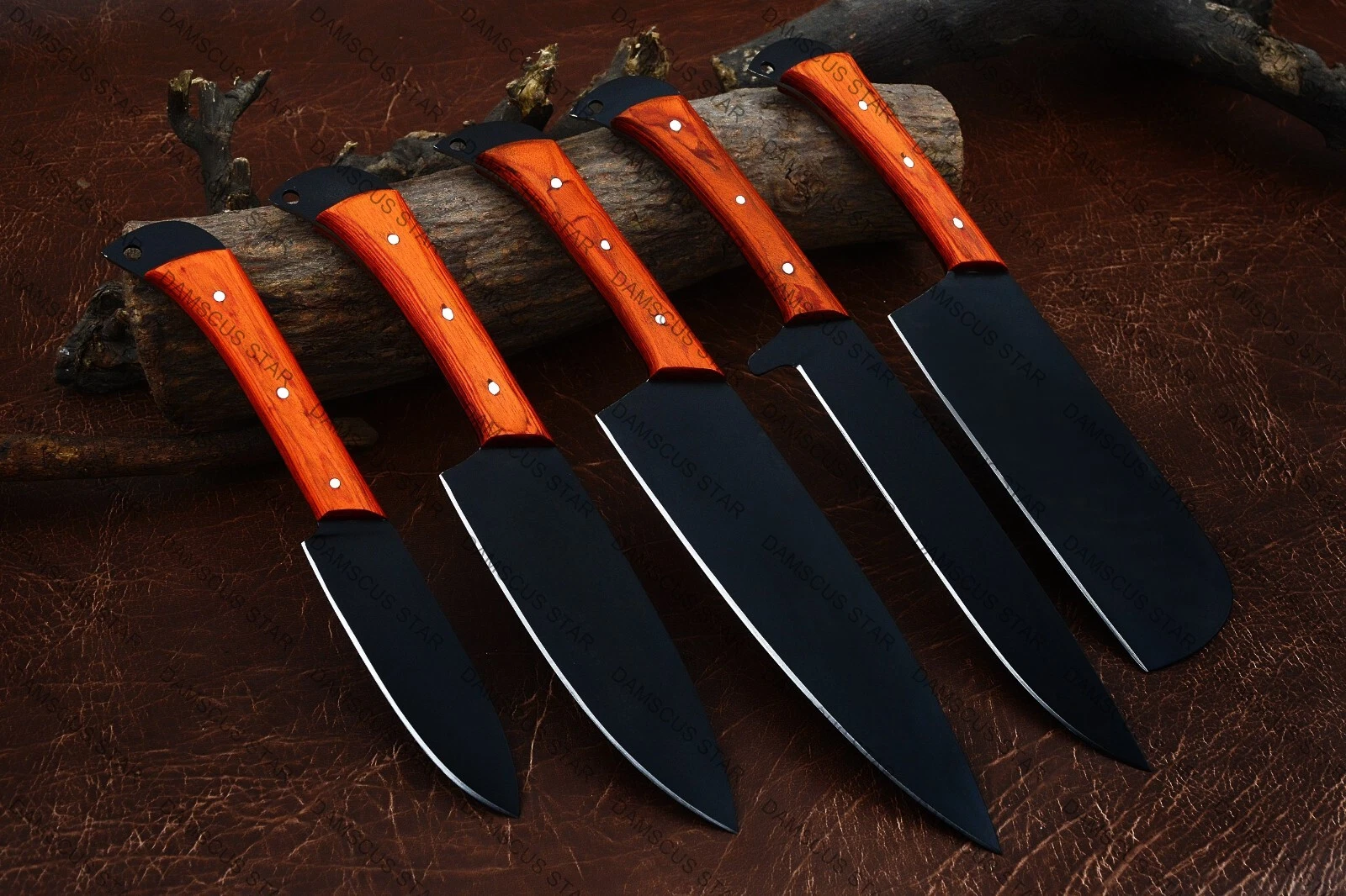 CUSTOM HANDMADE 5 PICE J2 STEEL KITCHEN CHEF SET WOOD HANDLE WITH LEATHER SHEATH