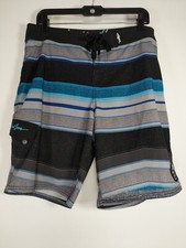 Maui and Sons Gray Blue Striped Stretch Swim Trunk Board Shorts Size 32