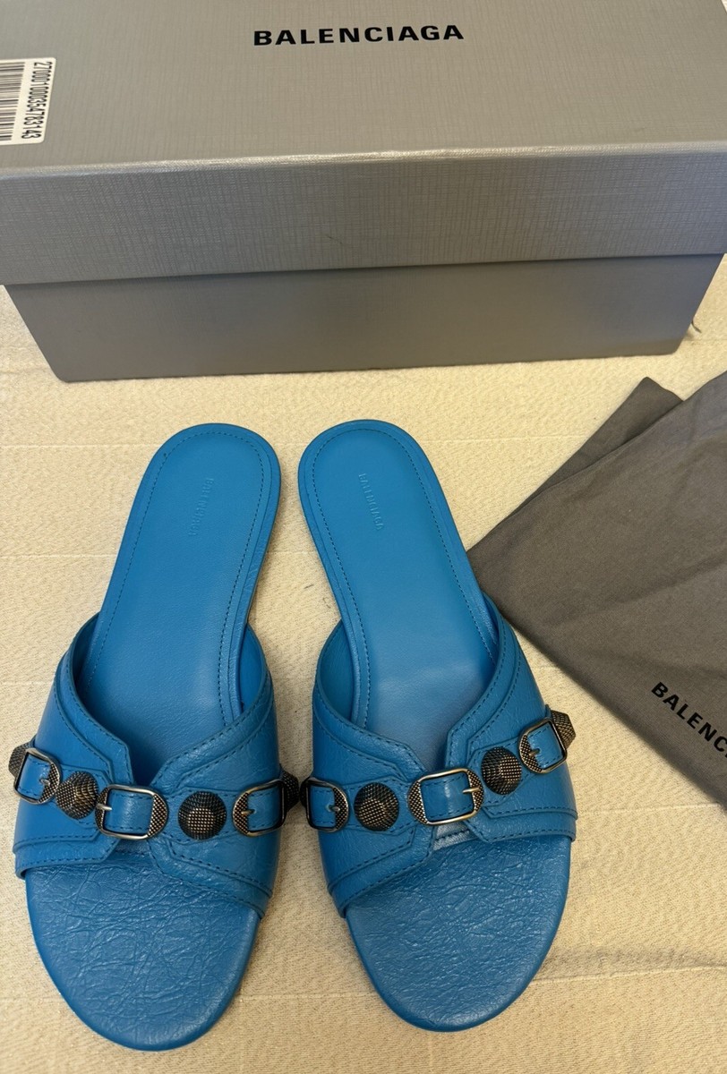 サンダル・ミュール BALENCIAGA Balenciaga Sandals Women Leather Blue/Cyan Balenciaga Le Cagole Slide Sandal CYAN/ AGED NIKEL, Size 9US