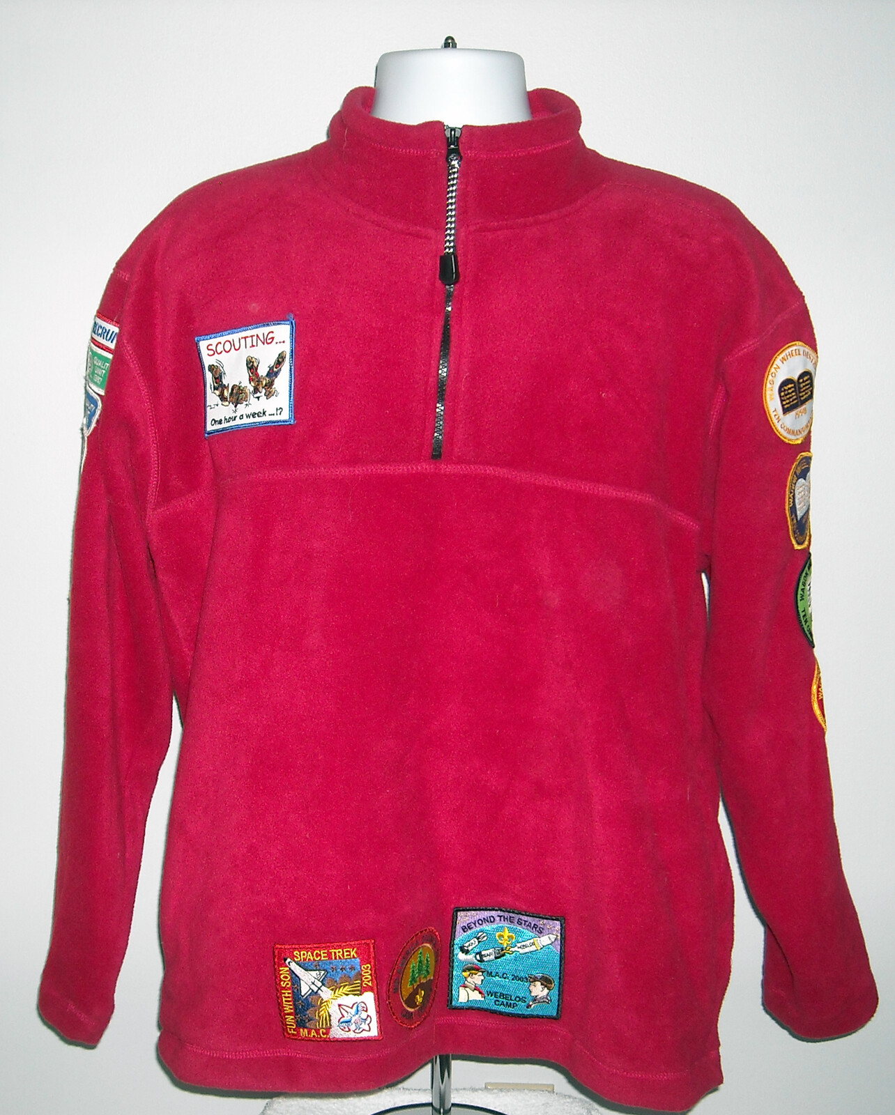 Boy Scout Fleece Jacket 46 Patches Adult Medium Red half zip MAC Space
