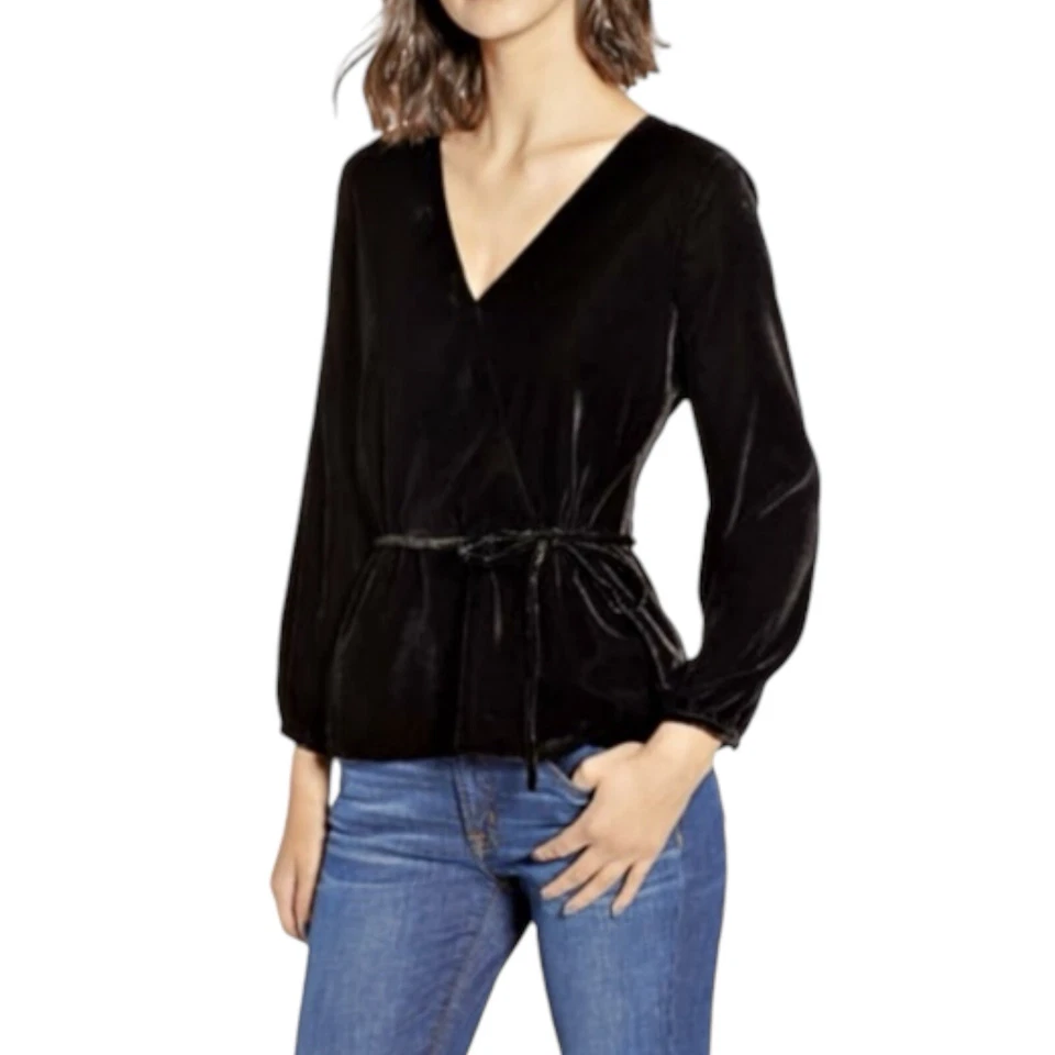 J.Crew Long Sleeve Black Evening Faux Wrap Velvet Tie Drapey Top Blouse Size 2 - Image 3 of 4