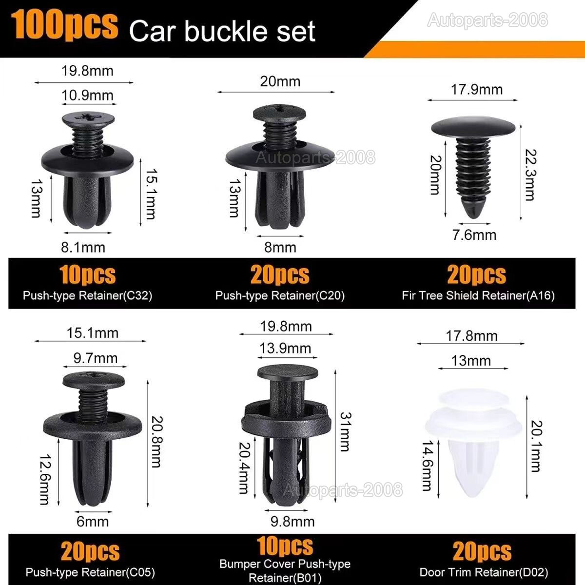 100Pcs Auto Bumper Clips Car Clips Plastic Rivets Fasteners Push Retainer Kit