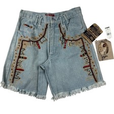 Joujou Vintage 90s Beaded Embroidered Denim Shorts Light Wash Boho Size 7/8