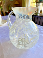 Northwood Glass Co. Ruffled Rim "Daisy & Fern" Opalescent Pitcher. Glows! 8.5"