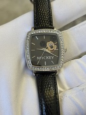 DISNEY MICKEY MOUSE BLACK LEATHER STRAP CRYSTAL RHINESTONE WATCH MCK633