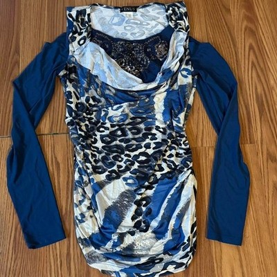 Venus Women's Blue Cheetah Print Long Sleeve Cowl Neck Top Embellished Y2k