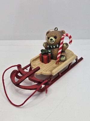 Teddy Bear with Candy Cane and Gift box Riding On Sleigh Christmas Ornament