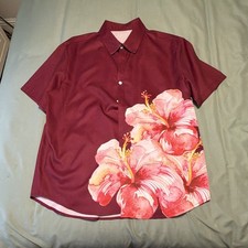 Men  s XL Burgundy Hibiscus Floral Short Sleeve Button-Up Shirt Hawaiian Tropica