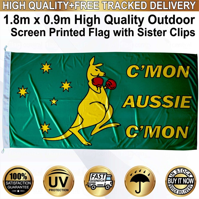 A - C'MON AUSSIE C'MON + Boxing Kangaroo + Southern Cross (C'MON Green) - 1.8 x 0.9m High-Quality Screen-Printed Flag - 1