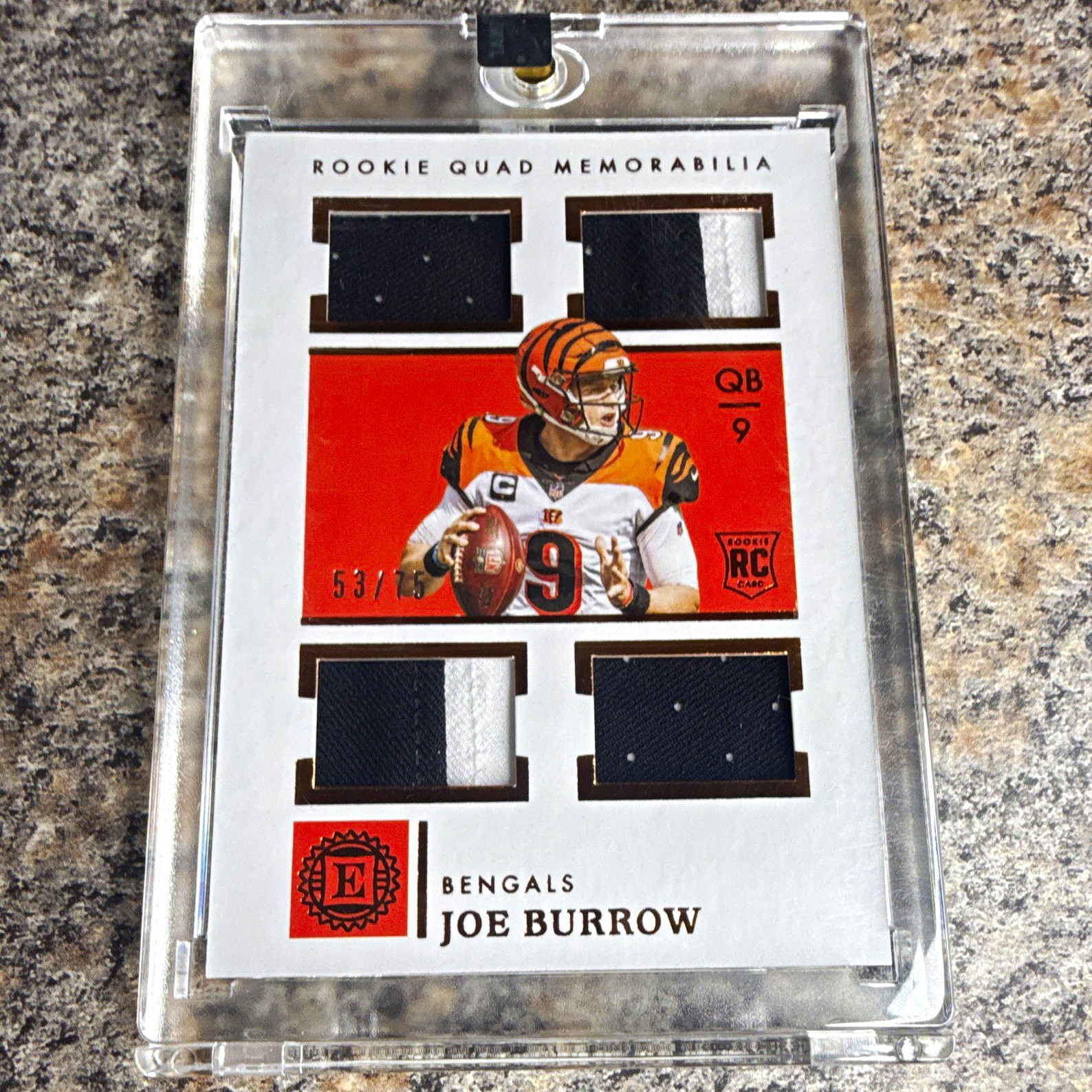 Panini 2020 Encased Joe Burrow RC Rookie Quad Memorabilia RQ-1 Gold /25