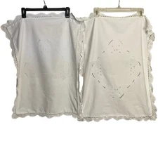 Vintage White Cotton Shams Crochet Lace Trim Embroidered 2 Regular Cottagecore