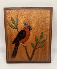 Hand Carved & Painted Wood 3D Picture Cardinal 7x7  Made 1977 Wall Hanger