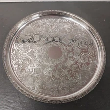 Vintage Decorative Round Silver Plated Salver Tray with Raised Decorative Rim