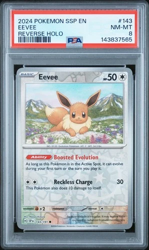 2024 POKEMON SSP EN-SURGING SPARKS REVERSE HOLO #143 EEVEE PSA 8