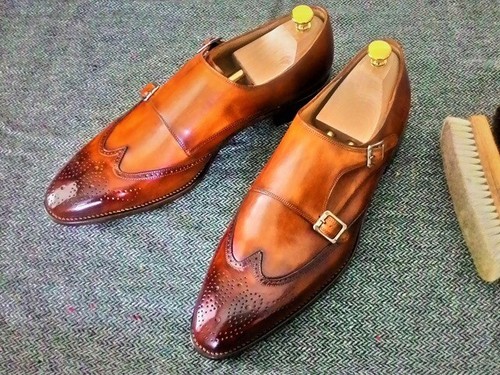 Handmade Men Tan Wing Tip Brogue Double 