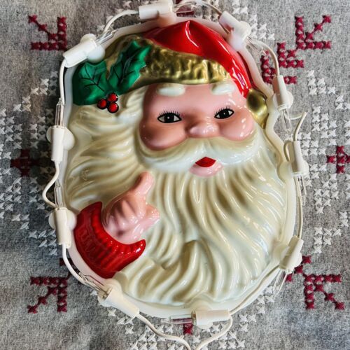 Vintage Light Up Christmas Window Decor Santa Claus Hanging Retro Molded Plastic
