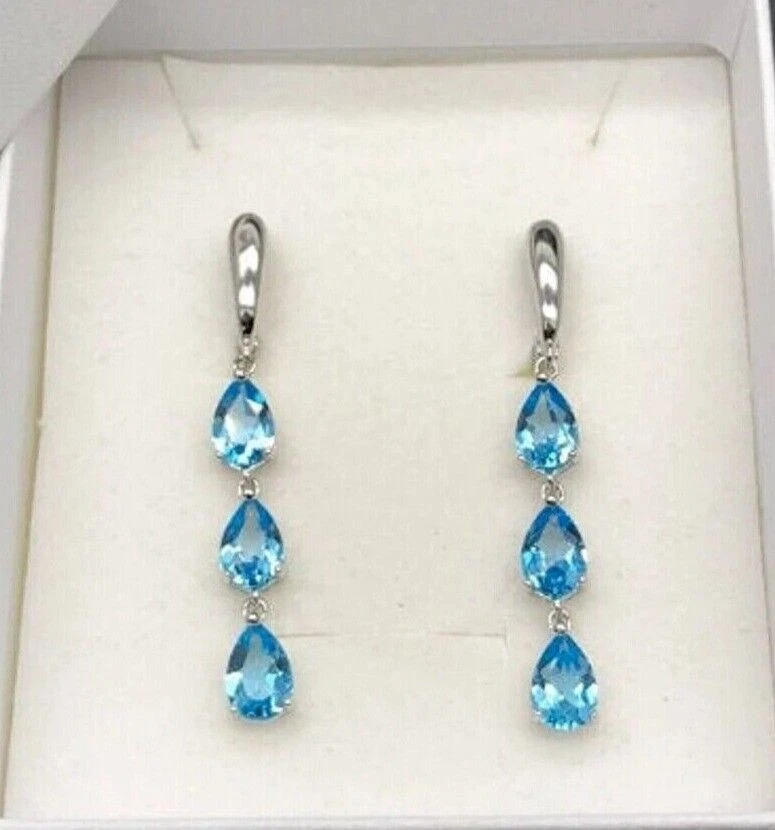 3Ct Birne Schliff Labor Erstellt Blau Topas Damen Tropfen Ohrringe 14k Weiß Gold - Bild 2 von 4