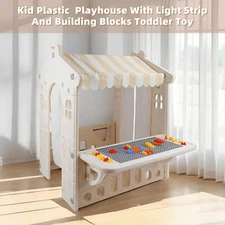 Kid Plastic Outdoor Playhouse With Light Strip &Building Blocks Toddler Toy