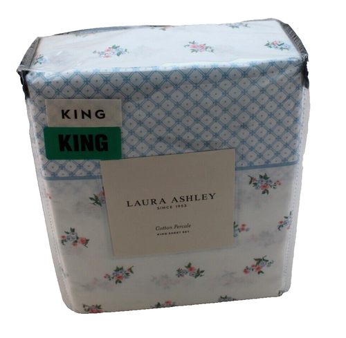 LAURA ASHLEY Harperette King Size Pink/Blue Floral 100% Cotton Percale Sheet Set - Picture 9 of 9