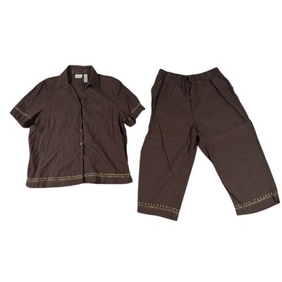 Classic Elements Brown Linen Blend Embroidered Top & Cropped Pants Set XL 18