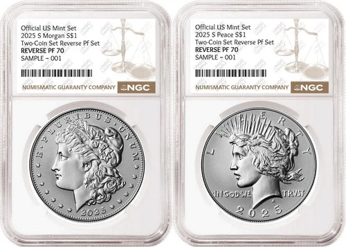 2 coin 2025 Morgan and Peace Reverse Proof Dollar Set NGC RP70 Brown