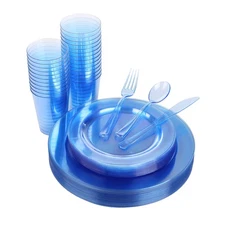 Blue Plastic Party Supplies - 150 PCS Reusable Disposable Neon Set: 25 Dinner...