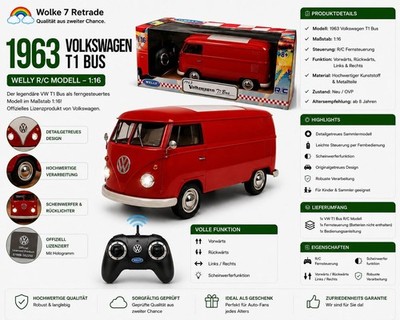 VW T1 Bus 1963 R/C 1:16 Welly Offiziell lizenziertes Modellauto Rot OVP  Neu 