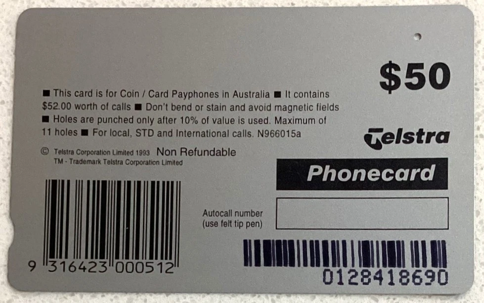 TELECOM 1996 GENERIC TOURIST (1) $50 KOALA ONE HOLE - 'REDRAWN' PRINT of 40k