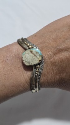 Sterling Silver Stone Cuff Bracelet Native American Handmade by E T